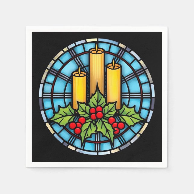 Three Candles With Holly Christmas Stained Glass  Napkin (Front)