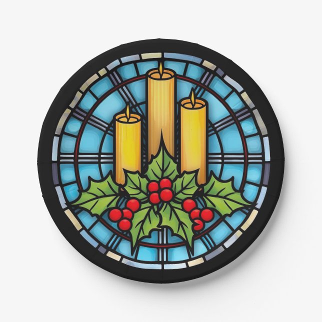 Three Candles With Holly Christmas Stained Glass  Paper Plate (Front)