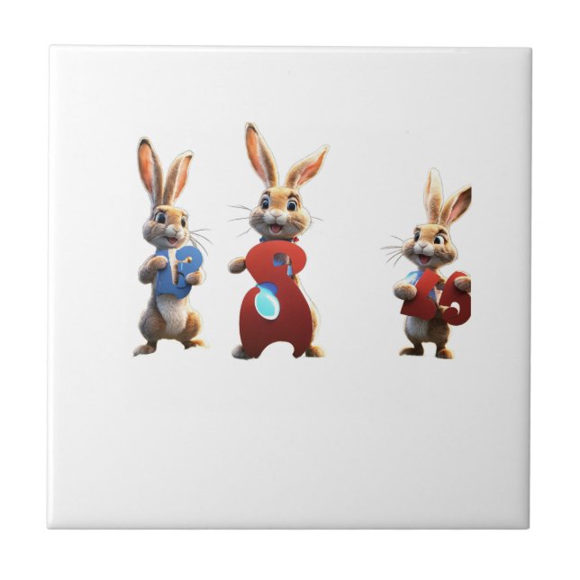 Three Cartoon Hares Holding a Huge Number 3 Sign Tile (Front)