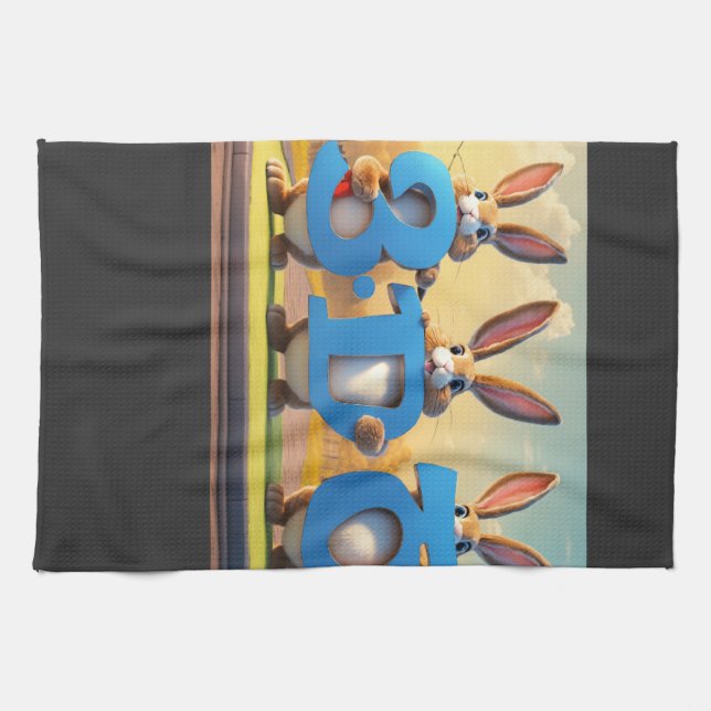 Three Cartoon Hares Holding Number Three Tea Towel (Horizontal)