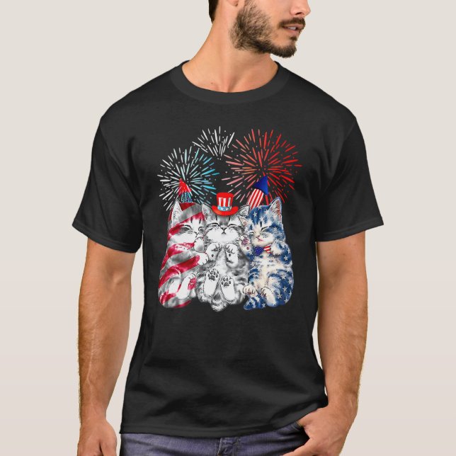 Three Cat 4th Of July American Flag Patriotic Cat T-Shirt (Front)