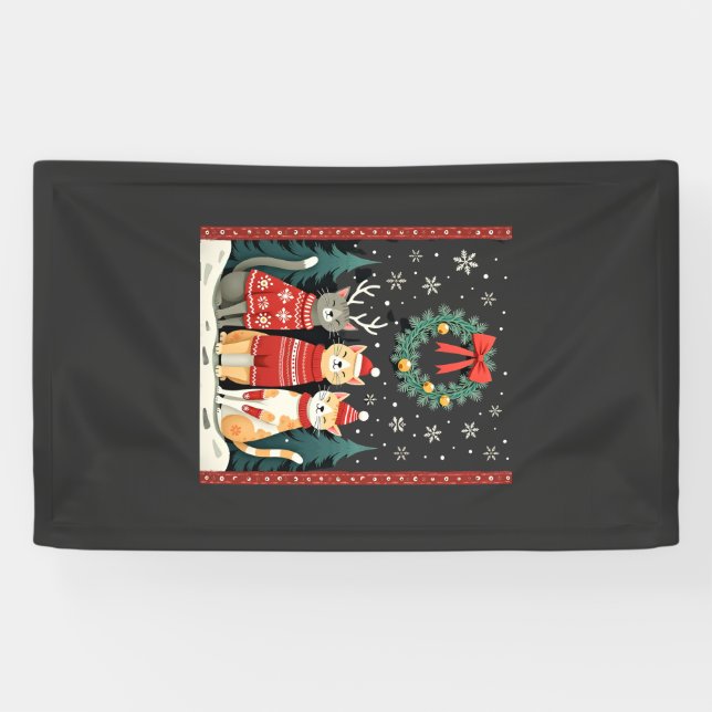 Three Cat Funny Christmas Cat Ugly Xmas Sweater Me Banner (Horizontal)