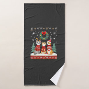 Three Cat Funny Christmas Cat Ugly Xmas Sweater Me Bath Towel