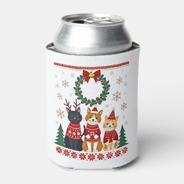 Three Cat Funny Christmas Cat Ugly Xmas Sweater Me Can Cooler (Can Front)