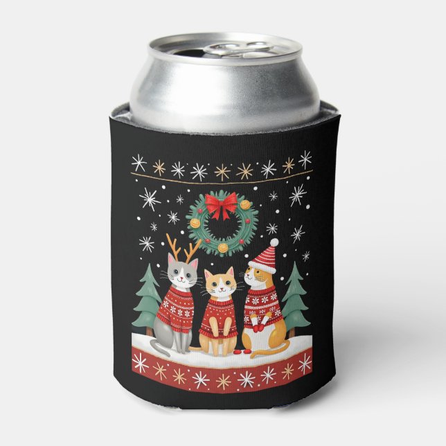 Three Cat Funny Christmas Cat Ugly Xmas Sweater Me Can Cooler (Can Front)