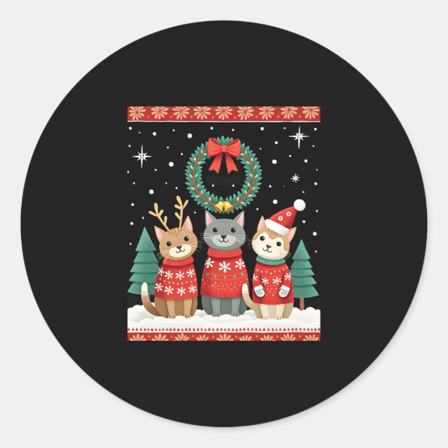 Three Cat Funny Christmas Cat Ugly Xmas Sweater Me Classic Round Sticker (Front)