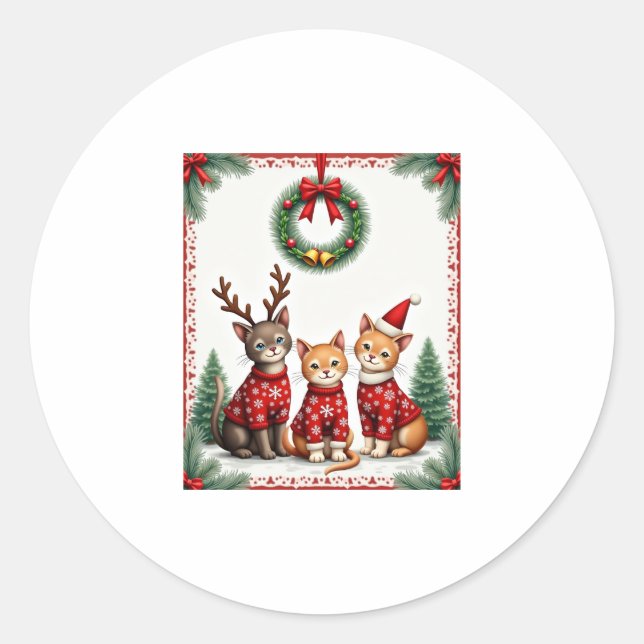 Three Cat Funny Christmas Cat Ugly Xmas Sweater Me Classic Round Sticker (Front)