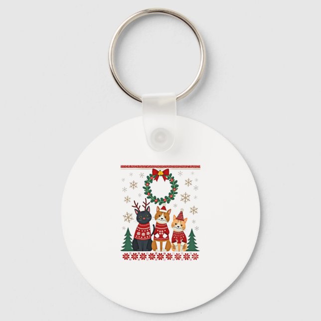 Three Cat Funny Christmas Cat Ugly Xmas Sweater Me Key Ring (Front)