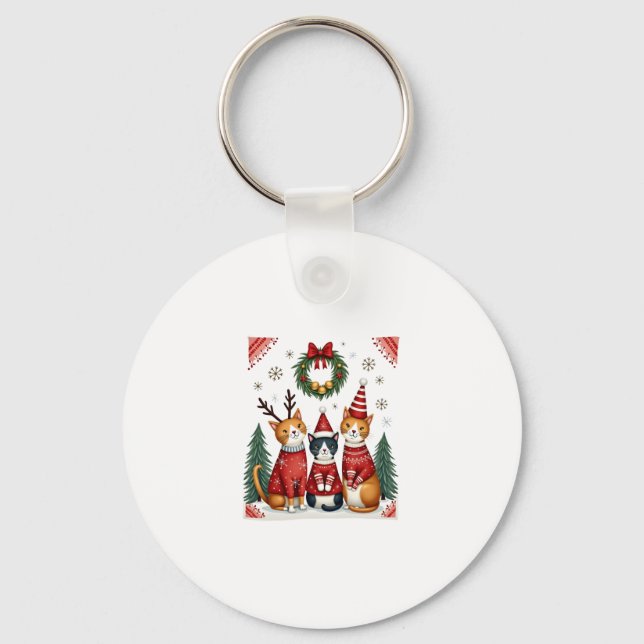 Three Cat Funny Christmas Cat Ugly Xmas Sweater Me Key Ring (Front)