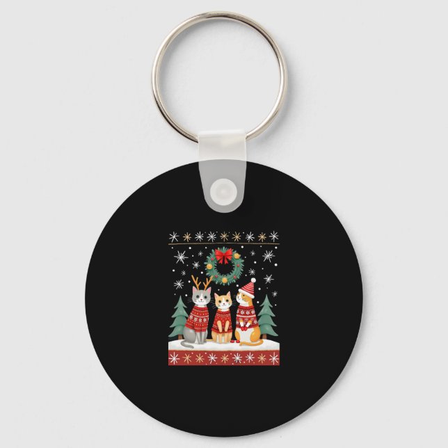 Three Cat Funny Christmas Cat Ugly Xmas Sweater Me Key Ring (Front)