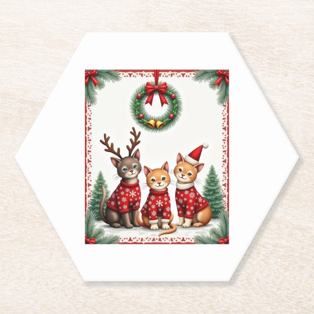 Three Cat Funny Christmas Cat Ugly Xmas Sweater Me Paper Coaster (Front)