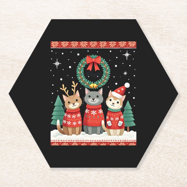 Three Cat Funny Christmas Cat Ugly Xmas Sweater Me Paper Coaster (Front)