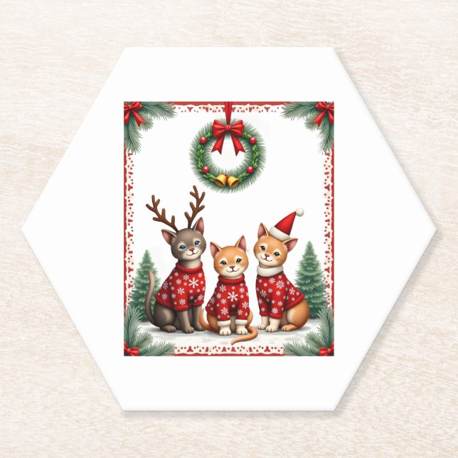 Three Cat Funny Christmas Cat Ugly Xmas Sweater Me Paper Coaster (Front)