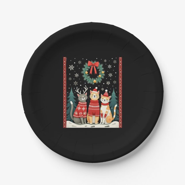 Three Cat Funny Christmas Cat Ugly Xmas Sweater Me Paper Plate (Front)