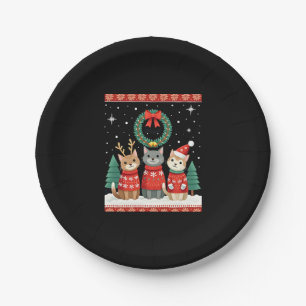 Three Cat Funny Christmas Cat Ugly Xmas Sweater Me Paper Plate