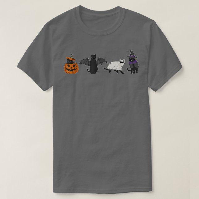 Three cat Halloween Witch Bat Ghost Pumpkin  T-Shirt (Design Front)