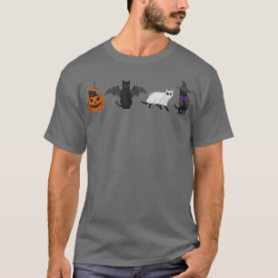 Three cat Halloween Witch Bat Ghost Pumpkin T-Shirt