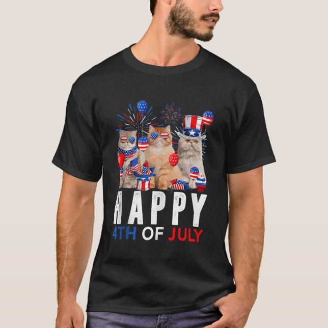 Three Cat Happy 4th Of July Balloon Lover Independ T-Shirt (Front)