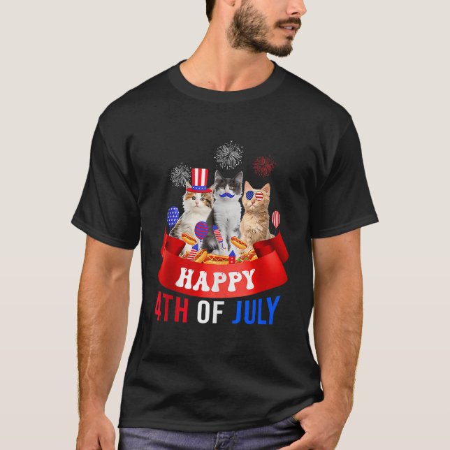 Three Cat Happy 4th Of July Balloon Lover Independ T-Shirt (Front)
