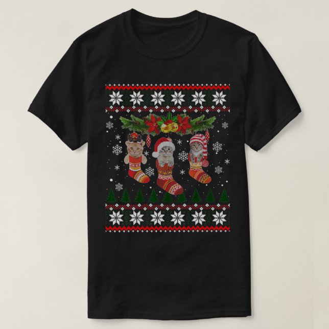Three Cat In Sock Funny Christmas Cat Ugly Xmas Sw T-Shirt (Design Front)