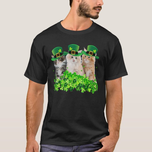 Three Cat St Patricks Day Kitty Kitten Lover Irish T-Shirt (Front)