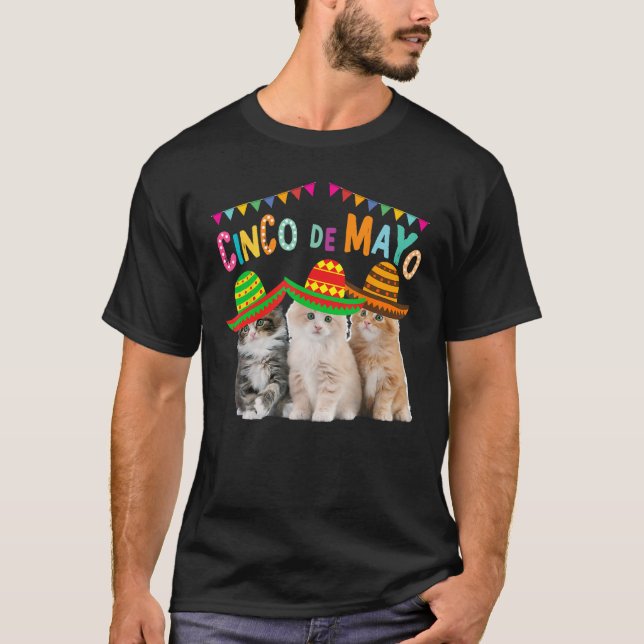Three Cat Wearing Cinco De Mayo Hats Kitty Kitten T-Shirt (Front)