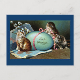 Three Cats & Big Blue Easter Egg Holiday Postcard