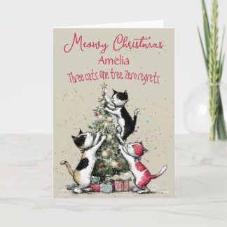 Three Cats Decorating A Tree Christmas Card