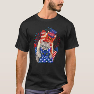 Three Cats Hat American Flag Fireworks  4th Of Jul T-Shirt