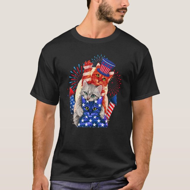 Three Cats Hat American Flag Fireworks  4th Of Jul T-Shirt (Front)