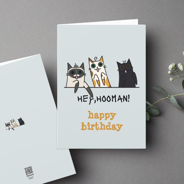 Three Cats Hey Hooman Funny Birthday Card (Send funny greeting cards to make everyone laugh)