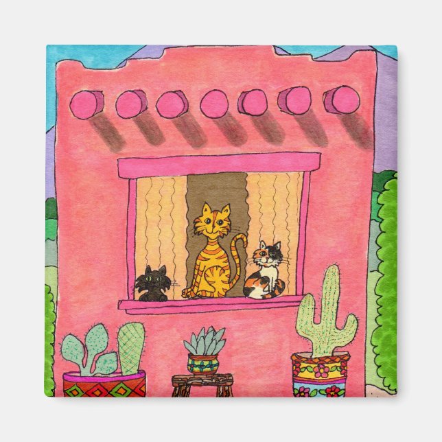 Three Cats in a Pink Adobe House Magnet (Front)