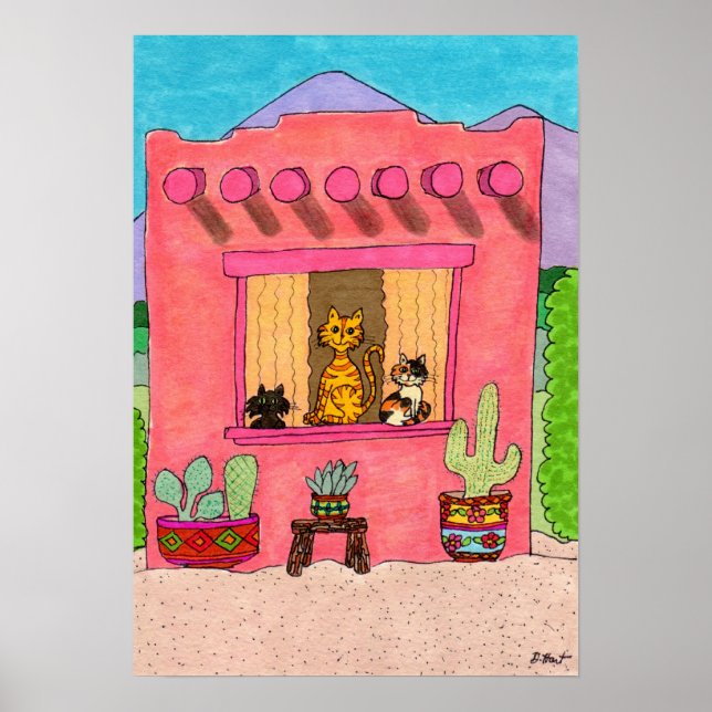Three Cats in a Pink Adobe House Poster (Front)