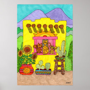 Three Cats in a Yellow Adobe House Poster