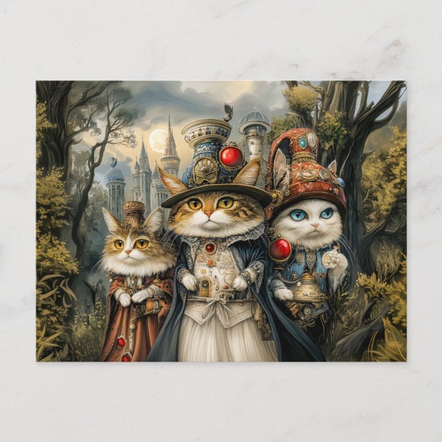 Three Cats in Steampunk Fantasy Forest Postcard (Front)