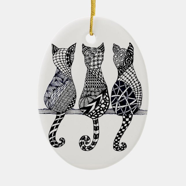 Three Cats Meow, optional personalisation Ceramic Tree Decoration (Front)