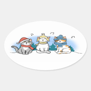 Three Cats singing Christmas Carols in the Snow Cl Oval Sticker