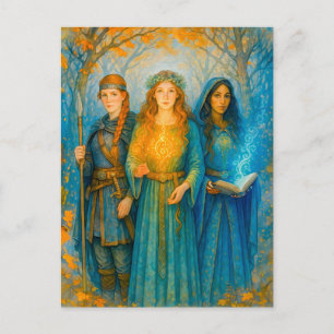 Three Celtic druidesses with glowing orb Holiday Postcard