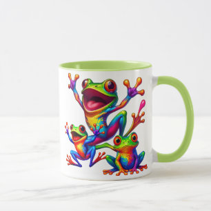 Three cheerful frogs in bright colors mug