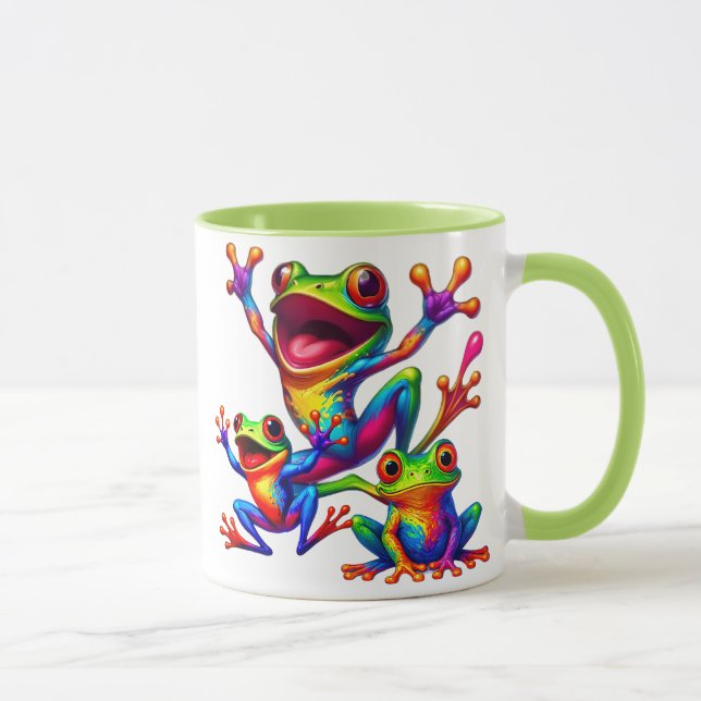 Three cheerful frogs in bright colors mug (Right)