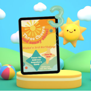Three Cheers Sunny Sky, Colourful Sun 3rd Birthday Invitation
