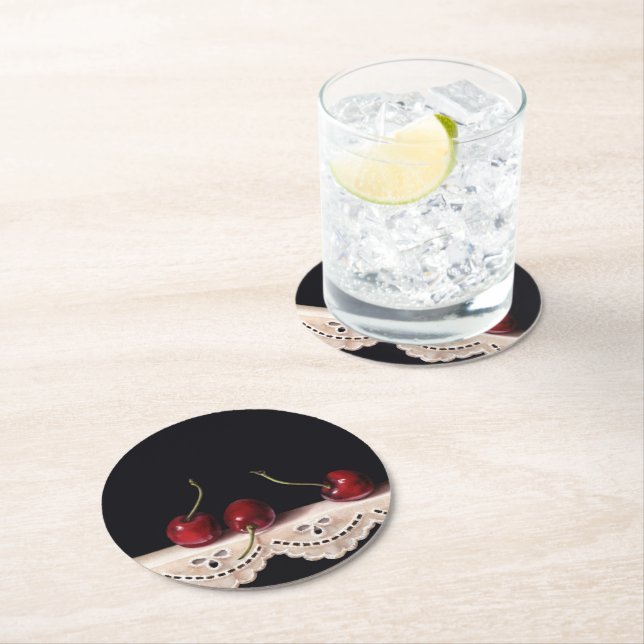 Three Cherries on lace Coaster (Insitu)