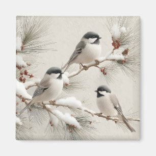 Three Chickadees on a Snow-Dusted Pine Branch Magnet