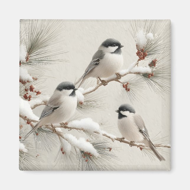 Three Chickadees on a Snow-Dusted Pine Branch Magnet (Front)