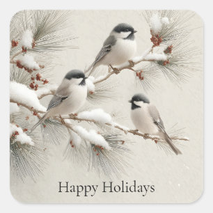 Three Chickadees on a Snow-Dusted Pine Branch Square Sticker