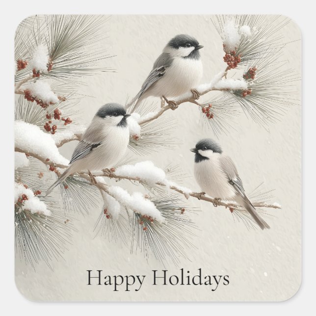 Three Chickadees on a Snow-Dusted Pine Branch Square Sticker (Front)