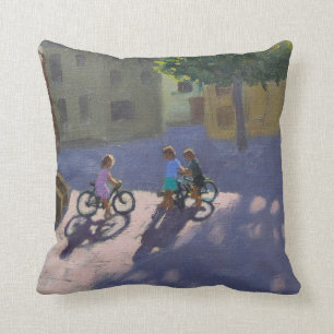 Three children with bicycles Spain Cushion
