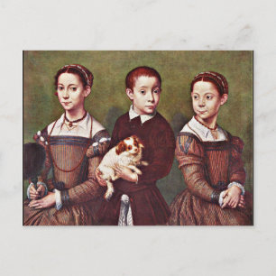 Three Children with Dog, fine art painting Postcard