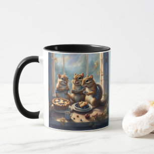 Three chipmunks eat blueberry pies on the counter mug