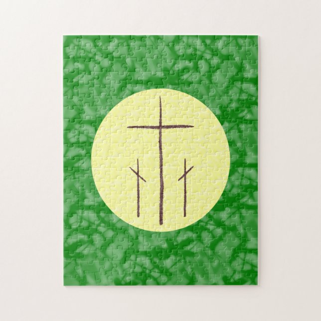 Three Christian Crosses Calvary on Green Yellow Jigsaw Puzzle (Vertical)